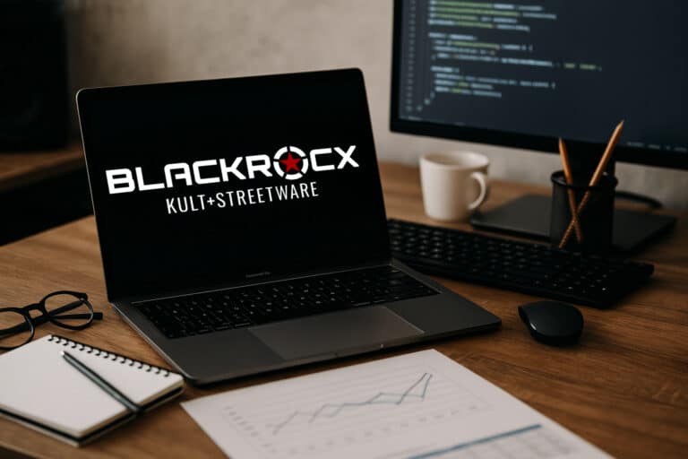 Office mit offenem Laptop wo die Wortbildmarke von BLACKROCX KULT+STREETWARE zu sehen ist.